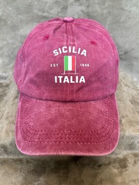 SICILIA ITALIA w/Flag Unisex Distressed Washed Maroon Adjustable onesize Dad Hat